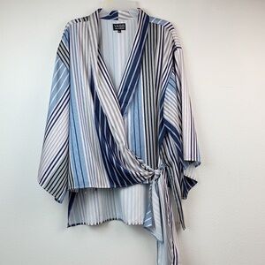 YASB, Kimono sleeve belted wrap around high low silky striped V neck blouse EUC